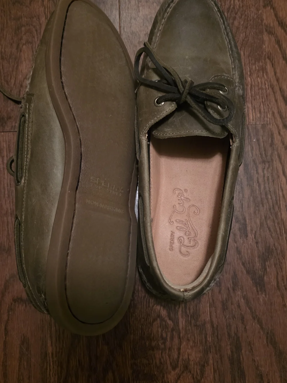 Sperry Olive Boat Shoes with Brown Laces